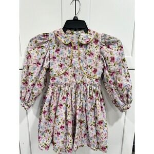 Morley Kids Floral Corduroy Dress Gold Trim Peter Pan Collar Puff Sleeve
